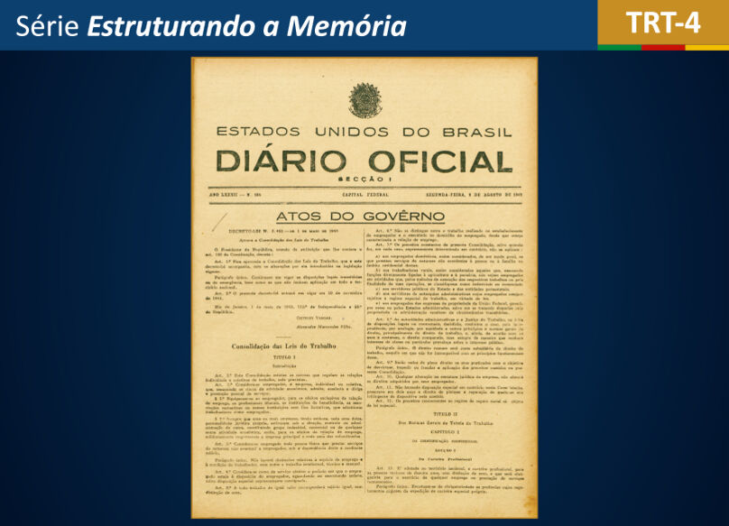 arte com a edição do Diário Oficial dos Estados Unidos do Brasil onde foi publicada a CLT. O título principal diz "Atos do Govêrno". Texto da arte: "Série Estruturando a Memória - TRT4".