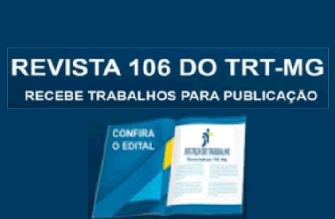 Retângulo com ilustração de uma revista que, abaixo, traz os dizeres Revista 106 do TRT-MG.