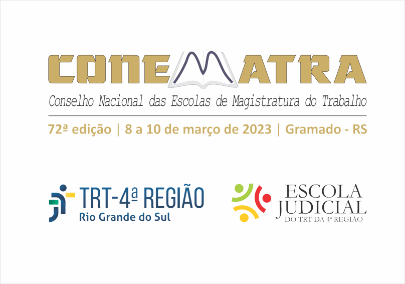 Banner retangular com o logotipo do Conematra, data e local do evento na parte superior, logotipo do TRT4 e da Escola Judicial.