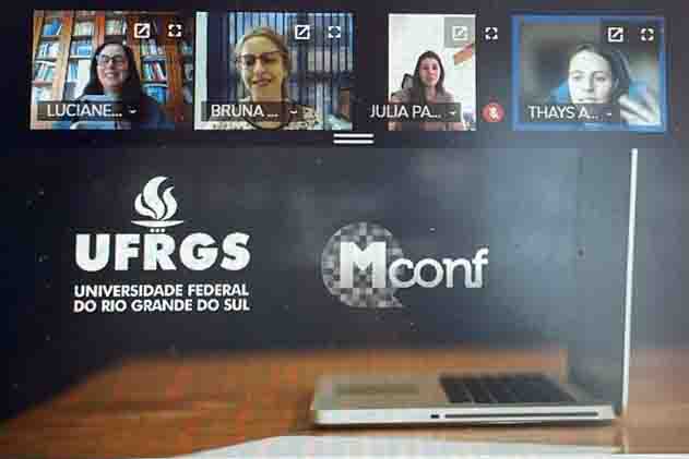 Foto da videoconferência com imagens das participantes e logos das instituições