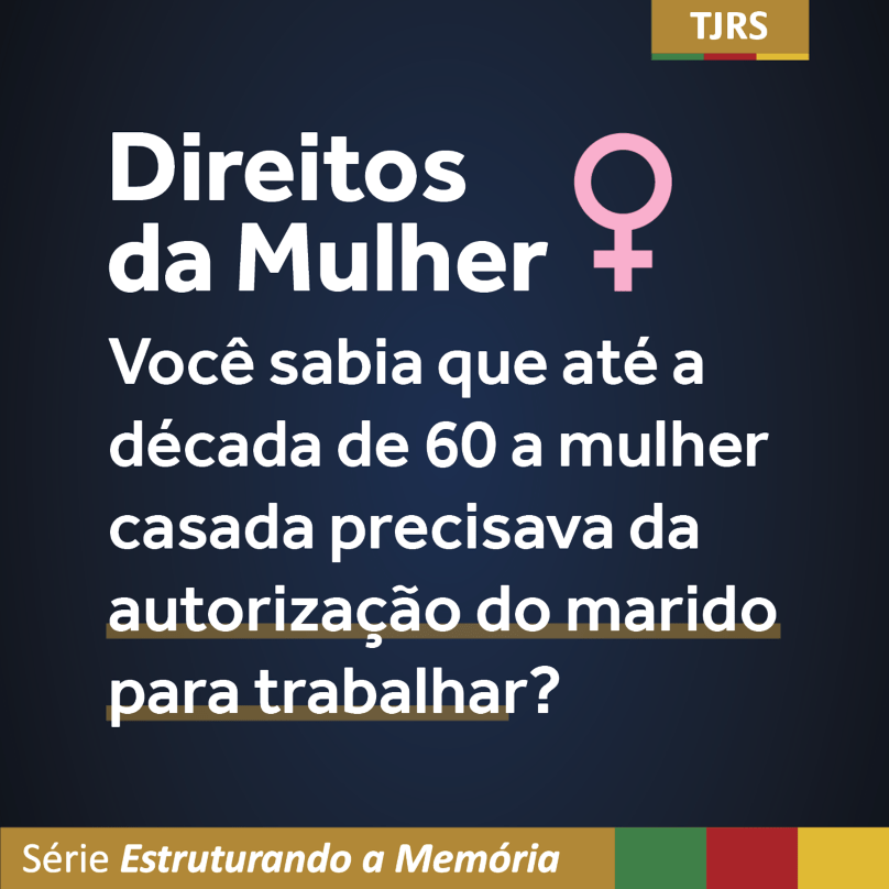 Card com fundo azul marinho com os dizeres: "Direitos da Mulher - Você sabia que até a década de 60 a mulher casada precisava da autorização do marido para trabalhar? Série Estruturando a Memória"