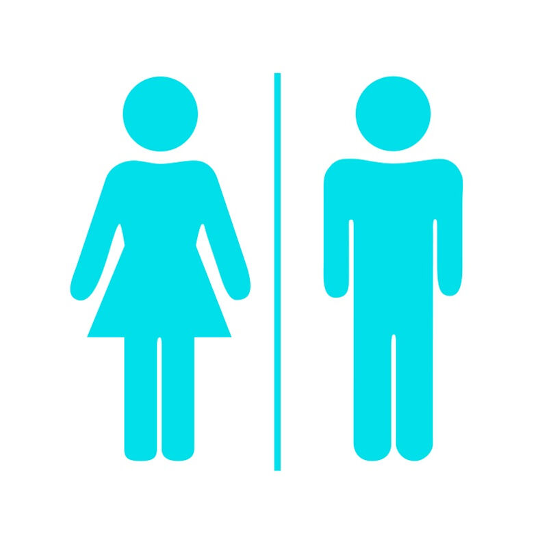 Ilustração de uma placa que indica banheiro. Há o desenho da silhueta de um homem e de uma mulher, lado a lado.