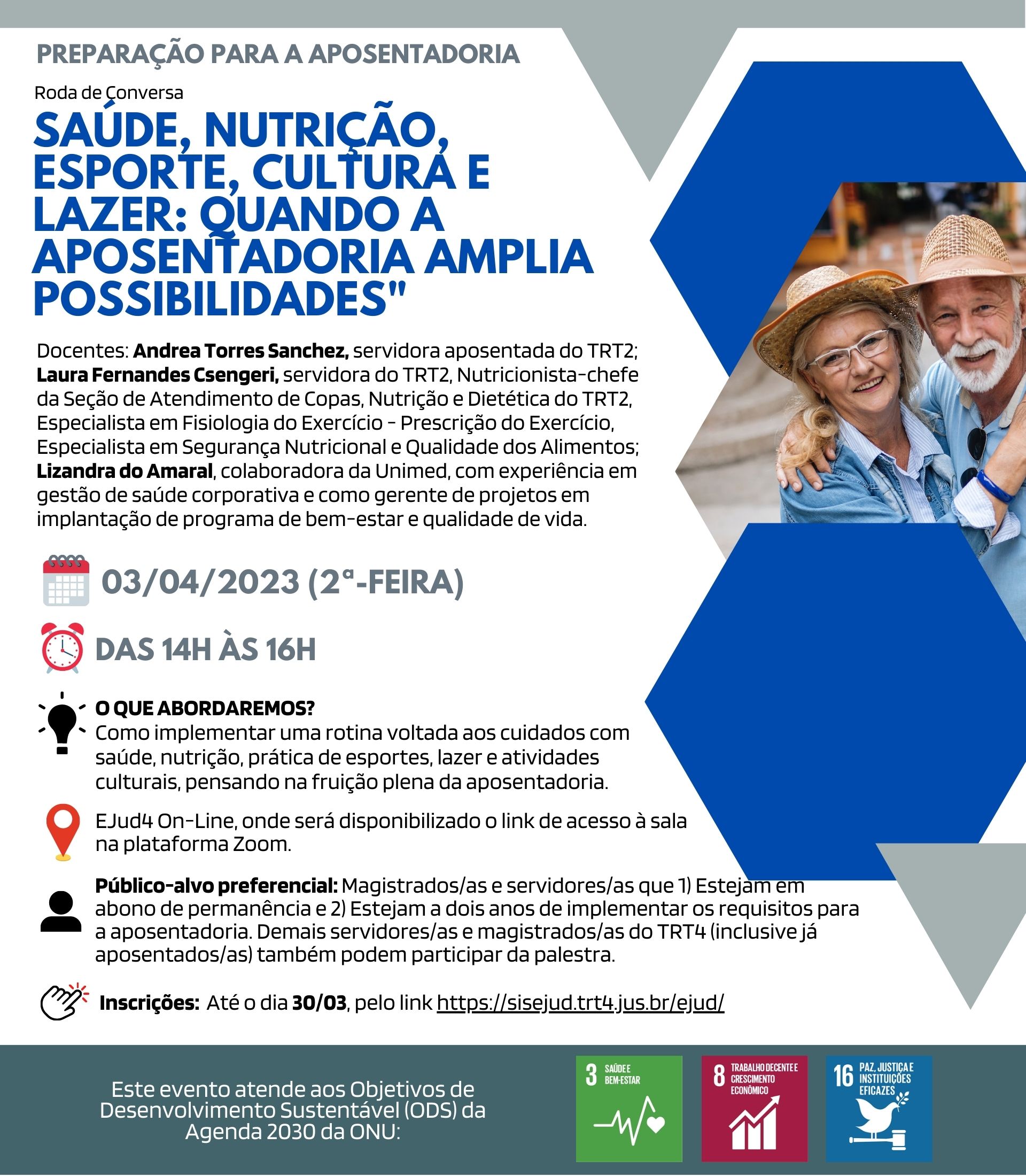 Card de divulgação do evento, com informações gerais sobre o evento, tendo na parte superior, à direita, a imagem de um casal com cabelos brancos, sorrindo.