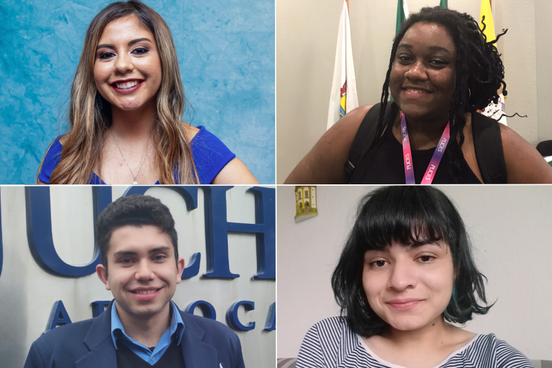 Foto dos quatro jovens aprovados nas bolsas do Programa Universidade para todos. Acima, à esquerda, está Amanda; à direita, está Eduarda. Abaixo, estão Arthur e Ester.