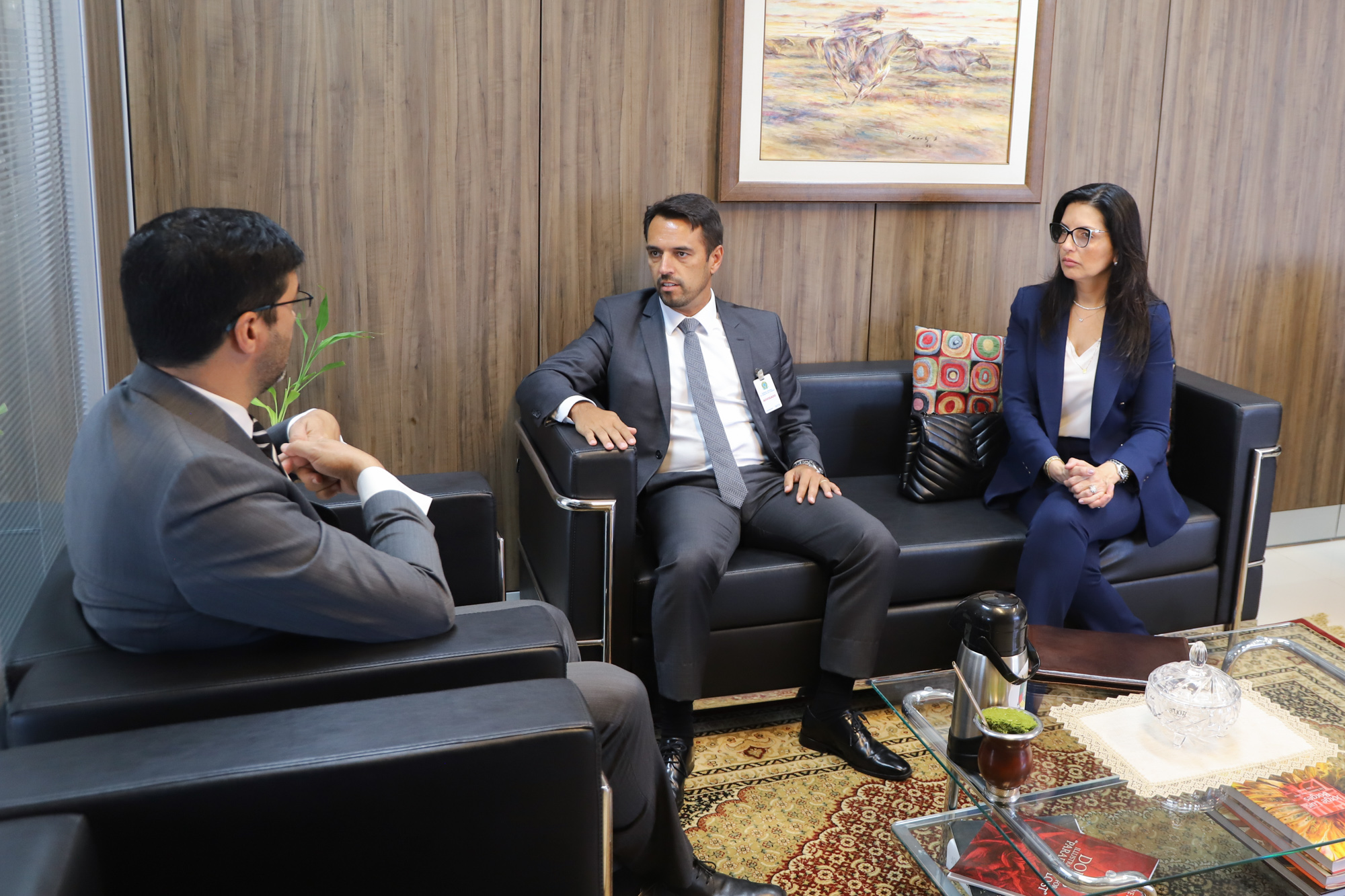 Presidente Rossal aparece de costas para a câmera e Luiz Fernando e Márcia Helena de frente. Os três estão sentados nos sofás do gabinete da presidência. O presidente está falando.