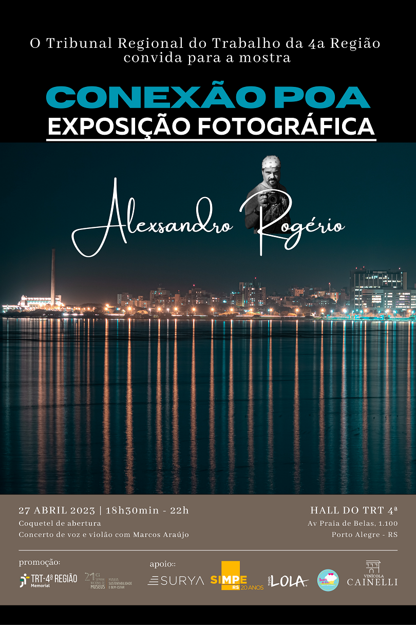 Banner contendo fotografia de Porto Alegre à noite vista da cidade de Guaíba, do outro lado do rio e as luzes da cidade refletidas na água, com título da exposição e  nome do artista.