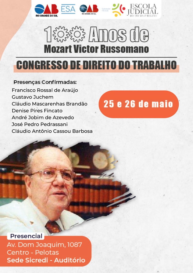 Card de divulgação do evento. Há informações sobre o Congresso, que constam da matéria, e a fotografia do jurista Mozar Victor Russomano.