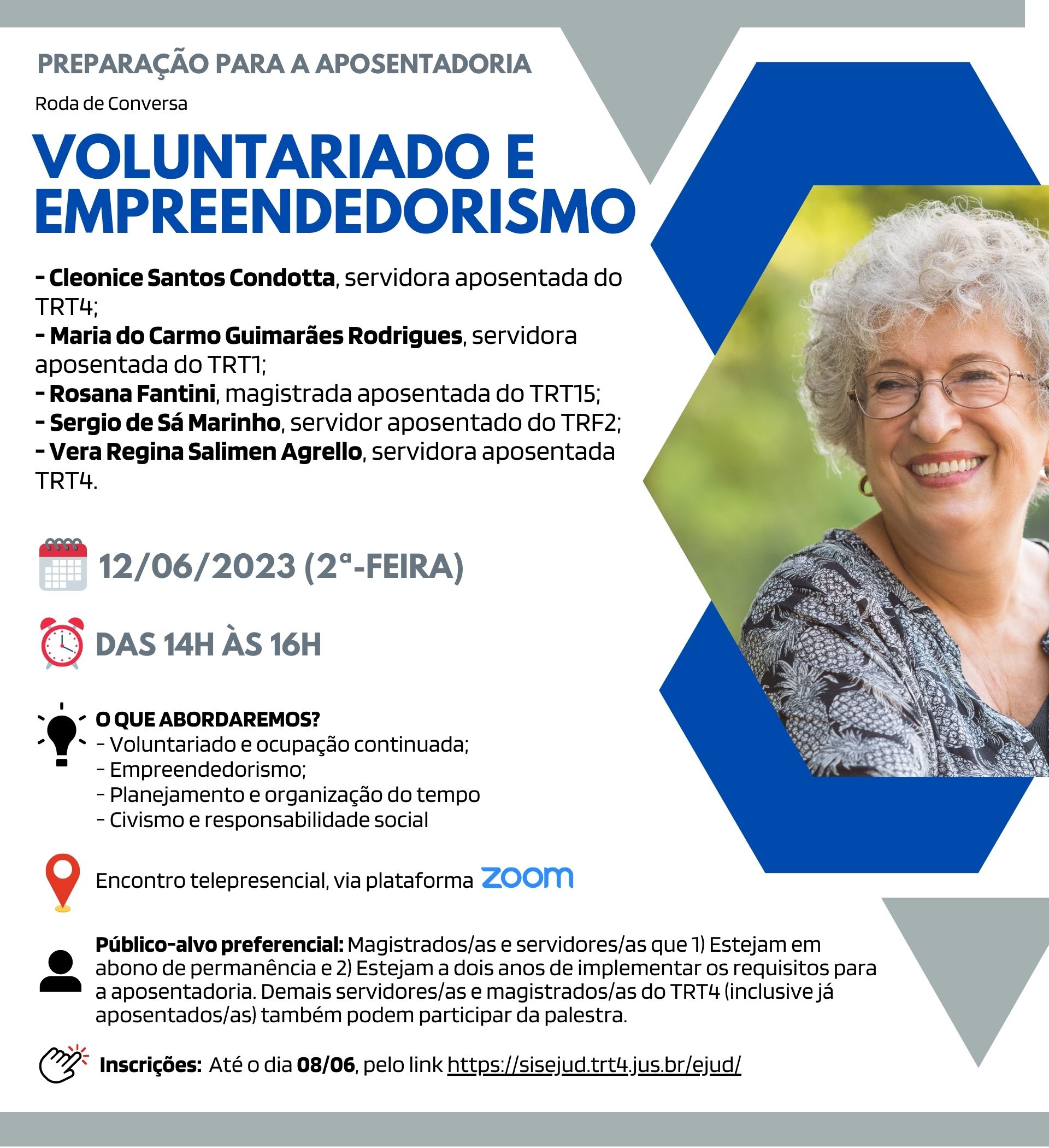 Card de divulgação do evento, com informações gerais sobre o evento. À direita, a imagem de uma mulher branca, com cabelos brancos, de óculos, sorrindo.