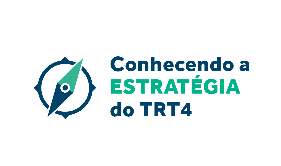 Logomarca "Conhecendo a Estratégia do TRT-4". Há uma bússola e a frase está na cor azul, com a palavra estratégia em verde.