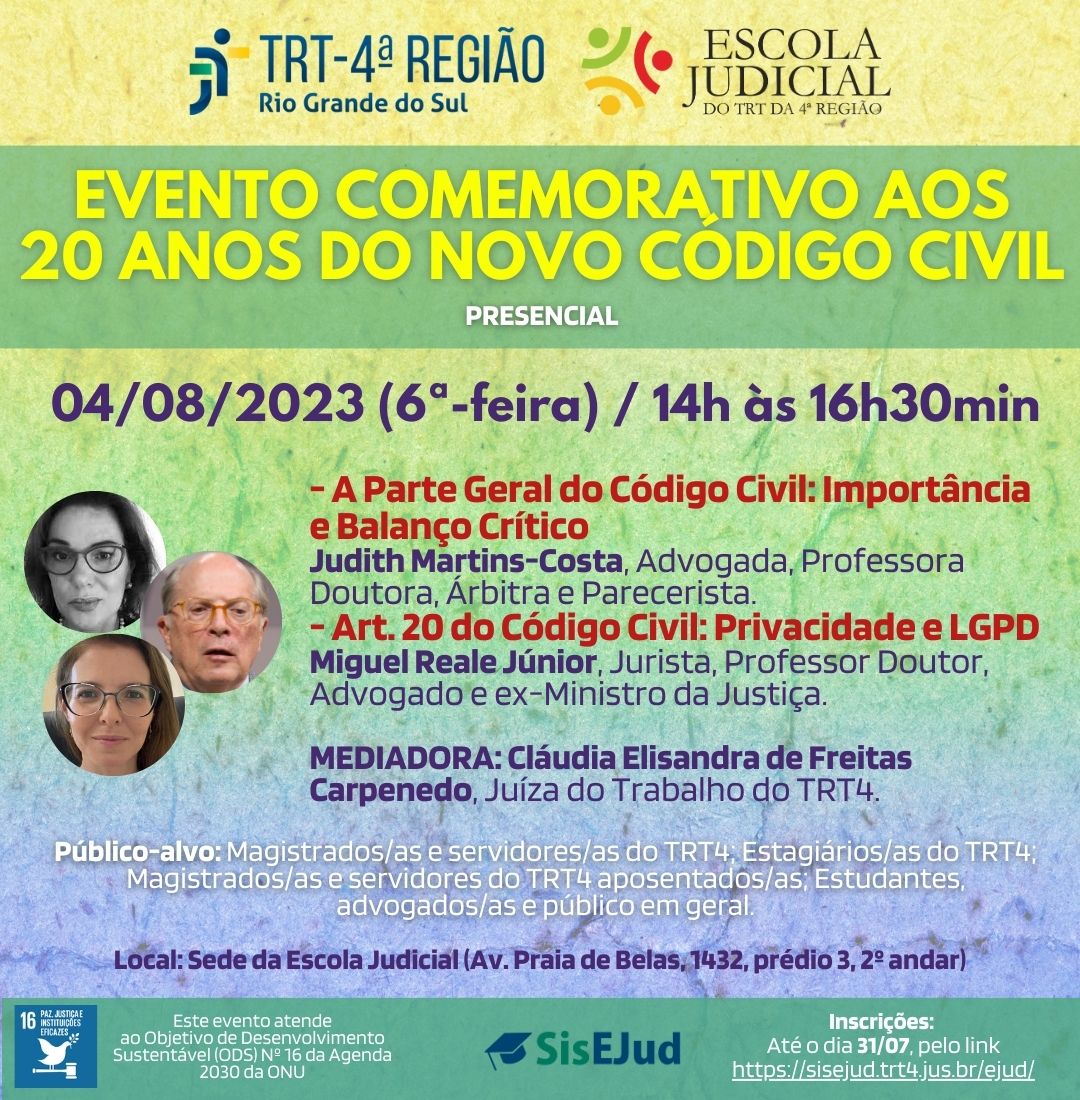 Imagem do banner de divulgação do evento da EJud4 “Comemoração aos 20 Anos do Novo Código Civil”