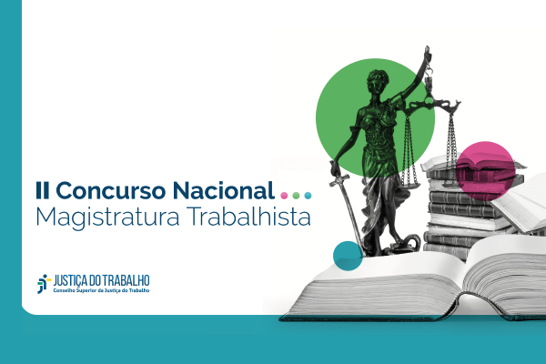 Fundo branco com uma linha de contorno verde turquesa que vai da base para o lado esquerdo. No lado direito há uma estátua da deusa da Justiça e livros. Entre eles, três círculos coloridos. O maior na cor verde, outro menor na cor rosa e o menor dos círculos na cor verde turquesa. Da esquerda para o centro está escrito: "II Concurso Nacional Magistratura Trabalhista" e, abaixo, a logo da Justiça do Trabalho.