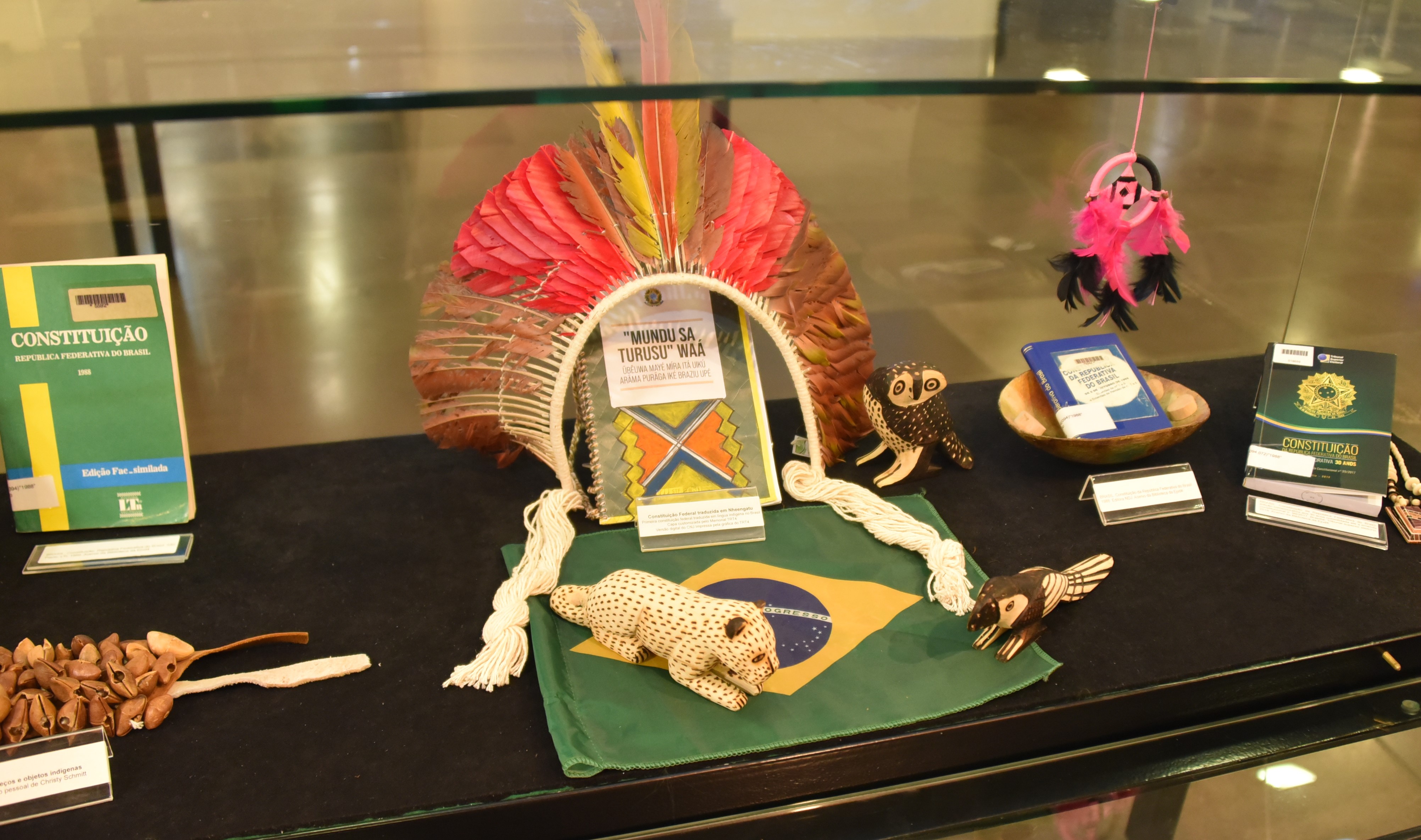 Imagens de uma edição da Constituição com um cocar sobre ela