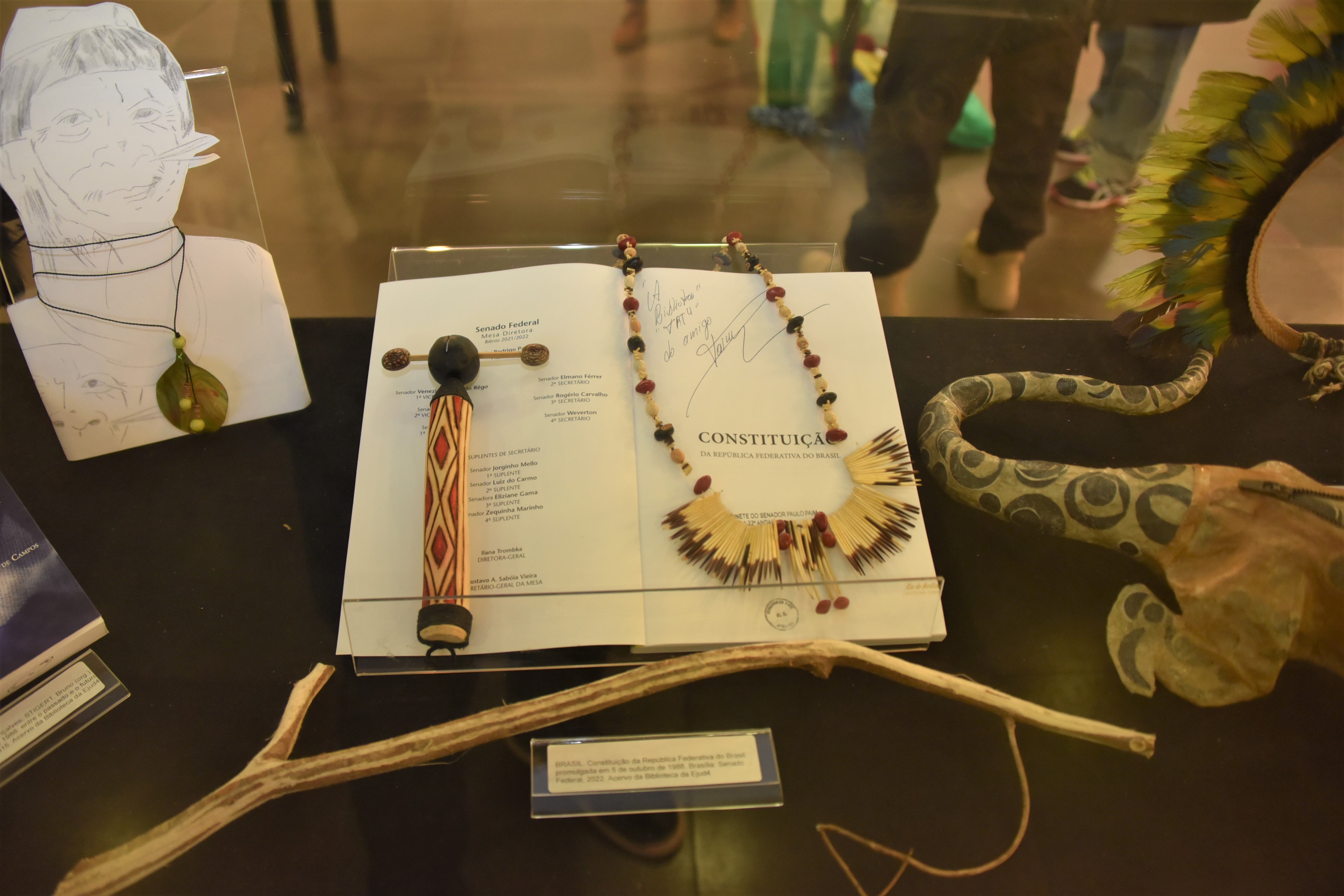 Imagem de uma edição da Constituição Federal aberta com adereços indígenas sobre a publicação