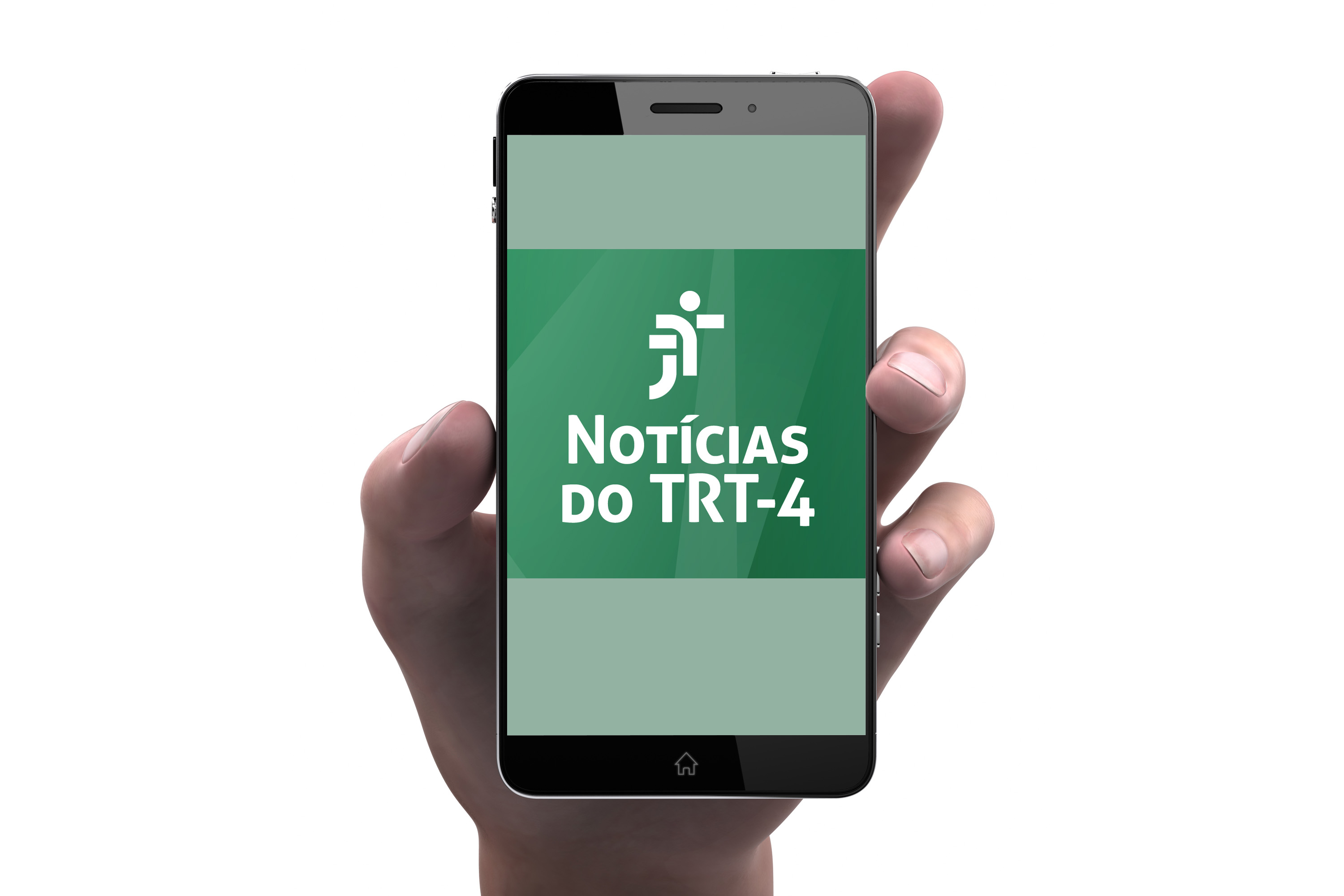 Imagem ilustrativa de uma mão segurando um celular com o logo do Notícias do TRT4 na tela.