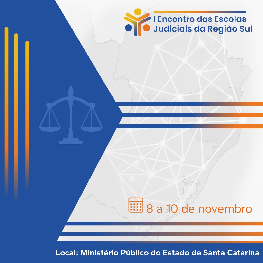 Card quadrado com fundo branco, logotipo do I Encontro das Escolas da Região Sul, nas cores azul, laranja e amarelo e informações gerais do evento.