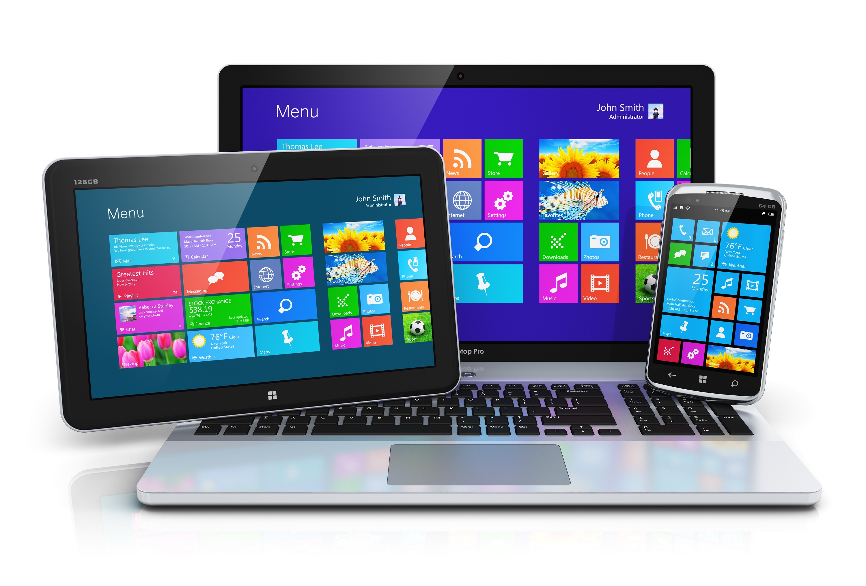 Notebook, tablet e smartphone sobre fundo branco. Aparelhos têm vários ícones de aplicativos mostrados nas telas, em cores variadas.