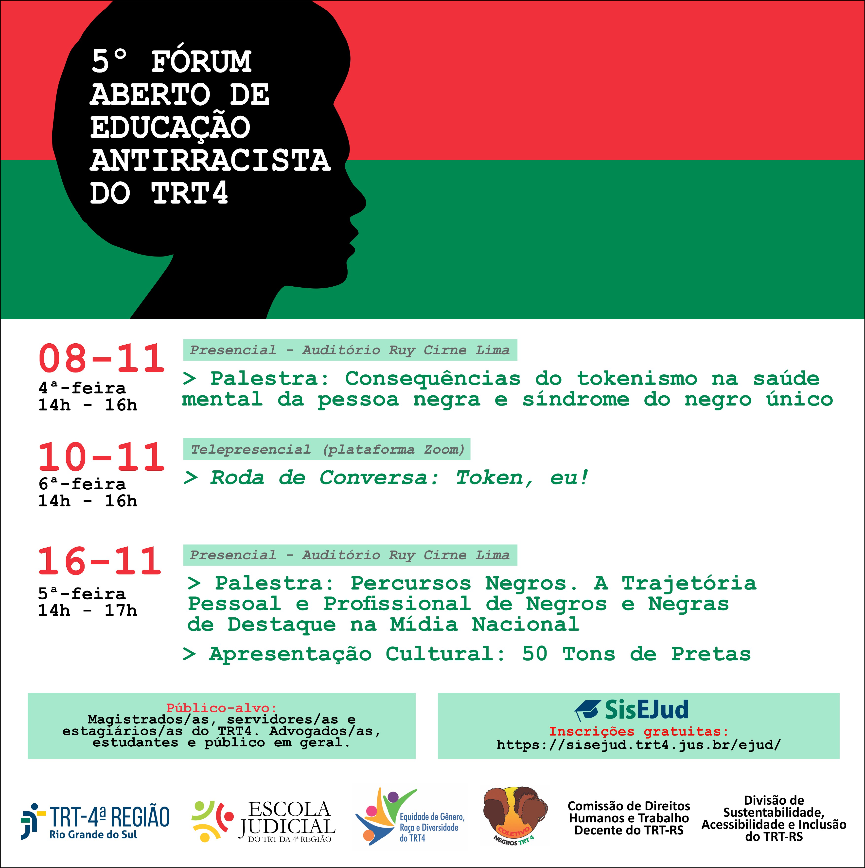 Card de divulgação, trazendo, no topo, duas faixas horizontais, uma vermelha e outra verde. À esquerda, o logotipo do evento: desenho do perfil de uma pessoa negra, sobre o qual está o texto "5º Fórum Aberto de Educação Antirracista do TRT4". A seguir, datas, horários e temáticas dos três encontros, sendo dois presenciais e um telepresencial. Na parte inferior, retângulos com a descrição do público-alvo e com o logotipo do sistema EJud e link para inscrições, além dos logotipos do TRT4, da EJud4