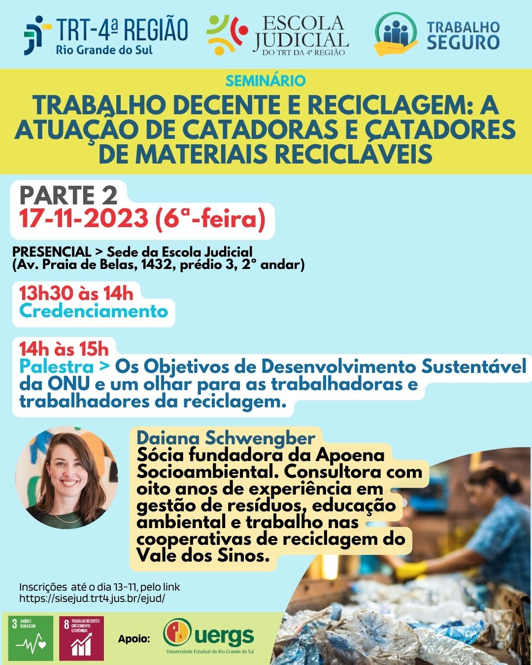 Card de divulgação com programação da primeira 
 parte do encontro do dia 17-11, fotos e currículos dos palestrantes.