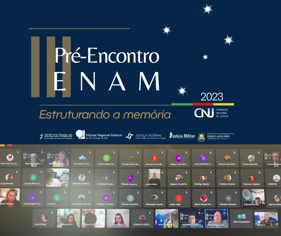 Identidade visual do Pré-Encontro do ENAM 2023, Estruturando a memória, com logos e miniaturas de perfis em videoconferência