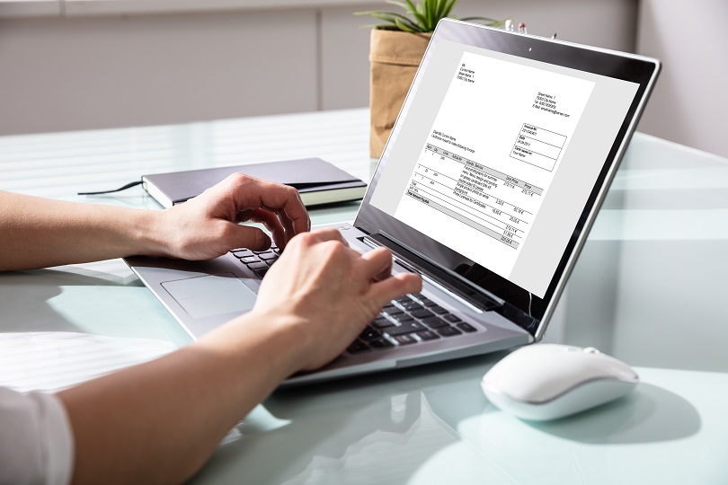 Mãos femininas inserem dados em documento na tela de notebook. Computador e planta estão sobre mesa branca. O mouse é da mesma cor. Na cena predomina a cor branca.