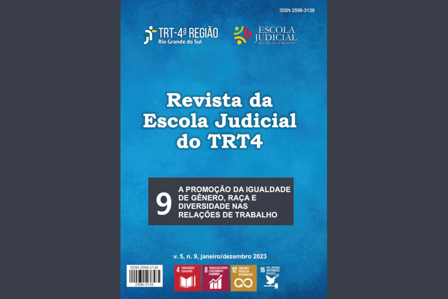 Imagem da capa da revista, em tons azuis, contendo as logomarcas do TRT4 e EJud4, o nome da revista, o número e tema do fascículo e os ícones de quatro objetivos estratégicos da Agenda 203 ONU: educação de qualidade (4), trabalho decente e crescimento econômico (8), consumo e produção responsáveis (12) e paz, justiça e instituições eficazes (16).