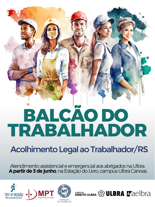 Arte do cartaz de divulgação do evento, com uma ilustração de homens e mulheres de diferentes raças e profissões. Aparecem o nome do evento, as informações de serviço e as logomarcas das instituições realizadoras.