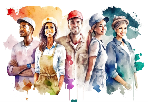 Ilustração da arte de divulgação do evento, com homens e mulheres de diferentes raças e profissões.