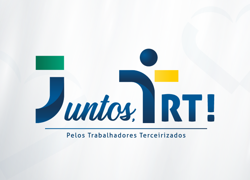 Logomarca da campanha "Juntos, TRT! - Pelos trabalhadores terceirizados". A logomarca utiliza as cores e os elementos da logomarca oficial da Justiça do Trabalho com o J estilizado iniciando a palavra "Juntos" e o T, em formato que lembra uma pessoa de braços abertos, iniciando a sigla TRT.