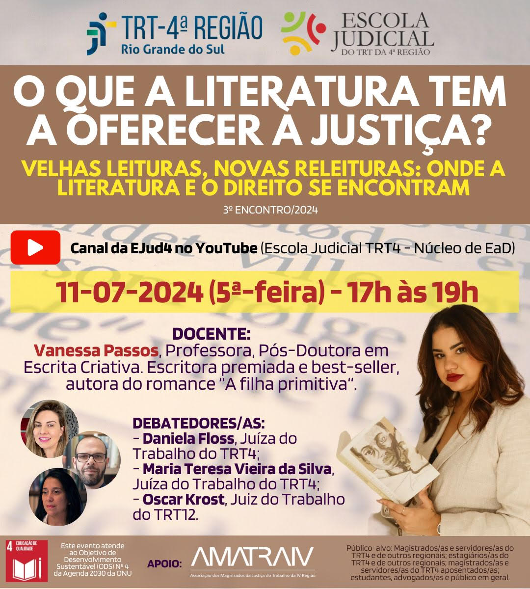arte com informações do evento, com fotos da escritora Vanessa Passos e dos mediadores. 