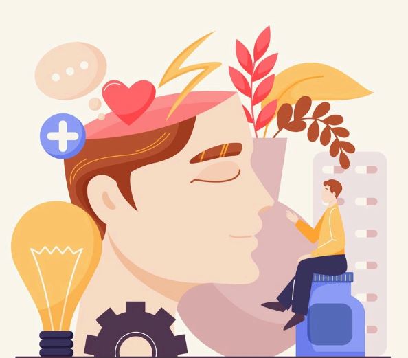 Arte que ilustra a cabeça de um homem parcialmente recortada no topo, de onde saem um coração, um raio, um balão de pensamento e um símbolo positivo. Em frente, um homem senta sobre um frasco de remédios, tendo um blister de comprimidos ao fundo. Há um símbolo de uma engrenagem e uma lâmpada em primeiro plano.