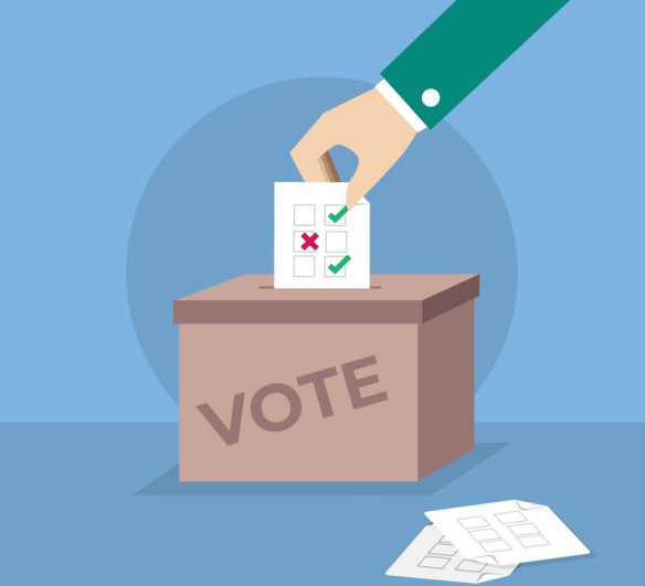 Arte de uma pessoa depositando seus votos em uma urna eleitoral