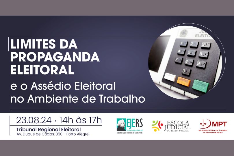 Banner em formato retangular horizontal, com fundo na cor azul marinho. Na parte superior esquerda, o título do evento, À direita, dentro de uma moldura redonda, imagem de uma urna eletrônica. Na parte inferior, faixa na cor branca com data, horário, local de realização e logotipos das entidades promotoras: EJE-RS, EJud4 e MPT.