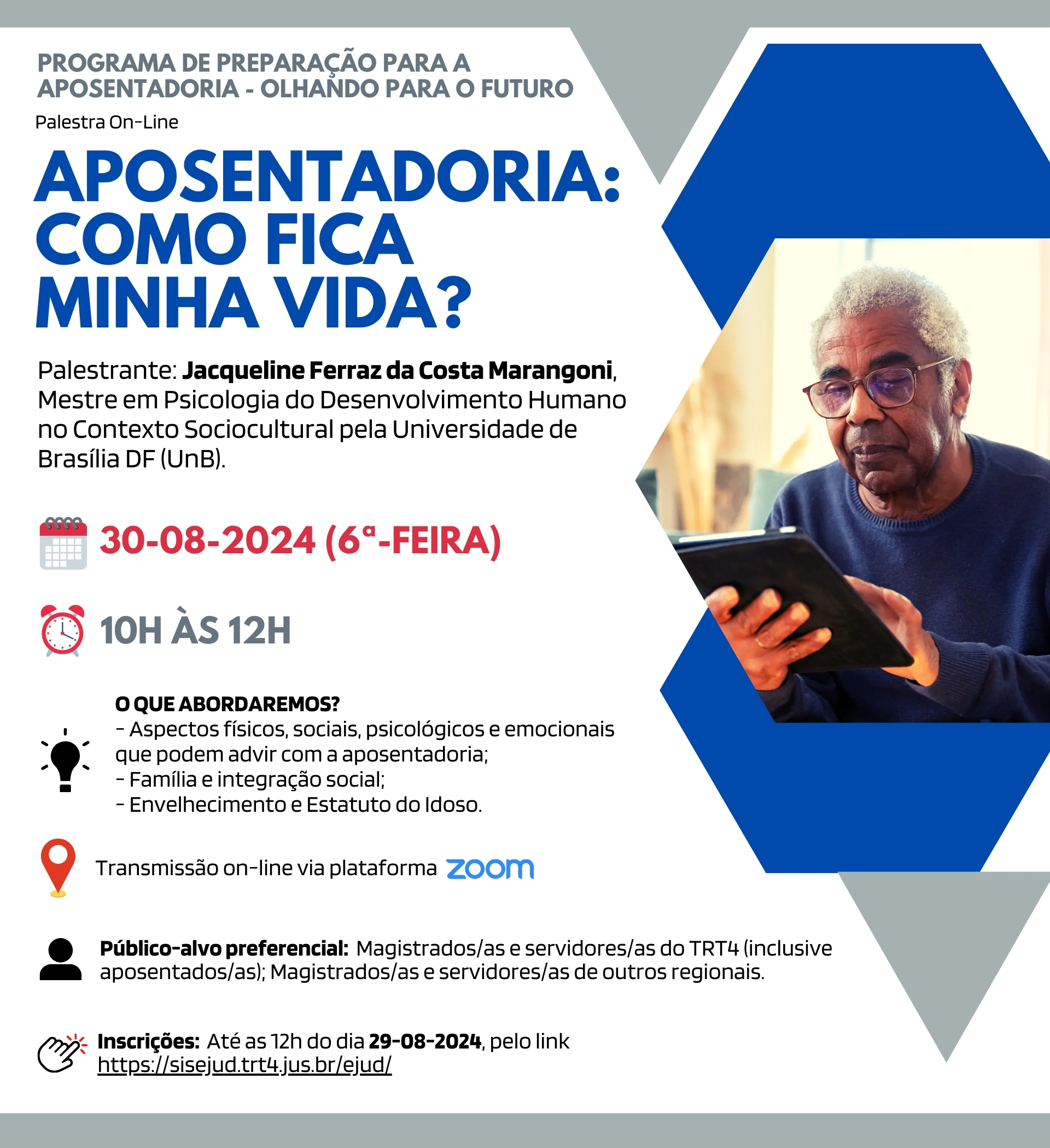 Card de divulgação com informações gerais sobre o evento. À direita, a imagem de um homem negro com cabelos brancos, usando óculos e um blusão azul marinho, segurando um tablet.