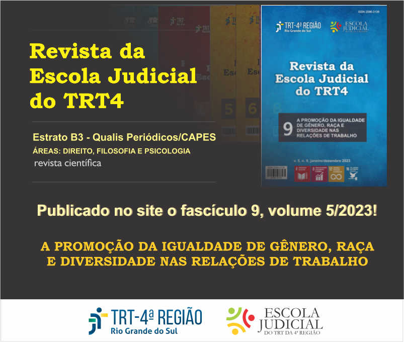 A imagem mostra a capa da Revista da Escola Judicial do TRT4, classificada como Estrato B3 no Qualis Periódicos/CAPES. O volume 5/2023, fascículo 9, aborda a promoção da igualdade de gênero, raça e diversidade nas relações de trabalho.