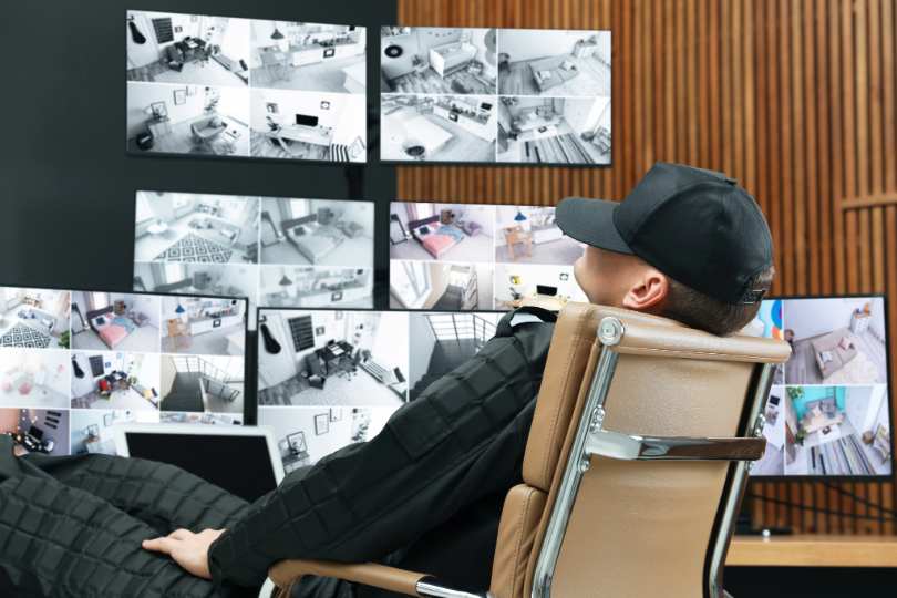 Segurança homem dorme sentado em frente aos monitores de vigilância.