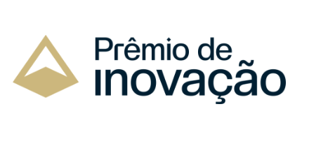 A imagem apresenta o logotipo do "Prêmio de Inovação", com design minimalista. O texto é acompanhado por um ícone triangular em dourado, sugerindo sofisticação e modernidade no contexto de inovação.