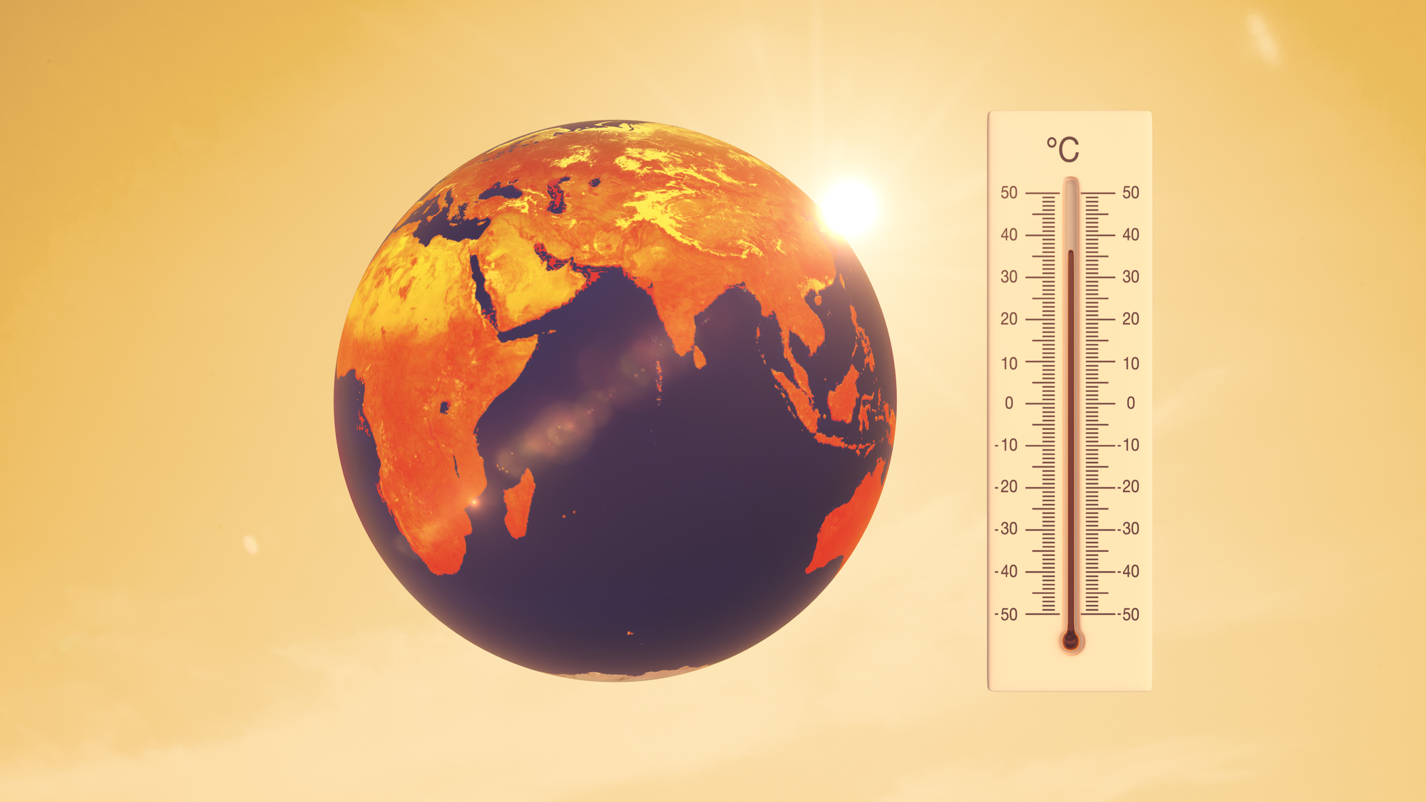 Ilustração do planeta Terra em cor alaranjada. Ao lado, um termômetro indicando temperatura de 35 graus.
