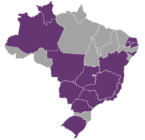 Mapa do Brasil com os estados referentes aos TRTs habilitados pintados em roxo, cor da marca do Galileu