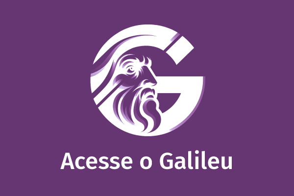 "Acesse o Galileu". Ícone com a letra G integrada a um rosto com traços de estátua masculina antiga
