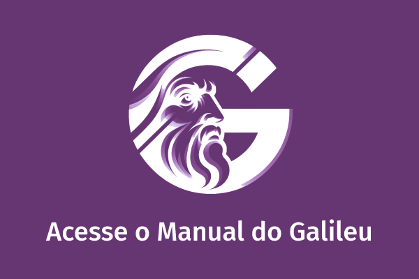 "Acesse o manual do Galileu". Ícone com a letra G integrada a um rosto com traços de estátua masculina antiga