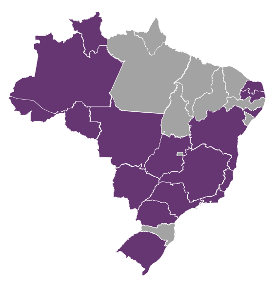 Mapa do Brasil com os estados referentes aos TRTs habilitados pintados em roxo, cor da marca do Galileu
