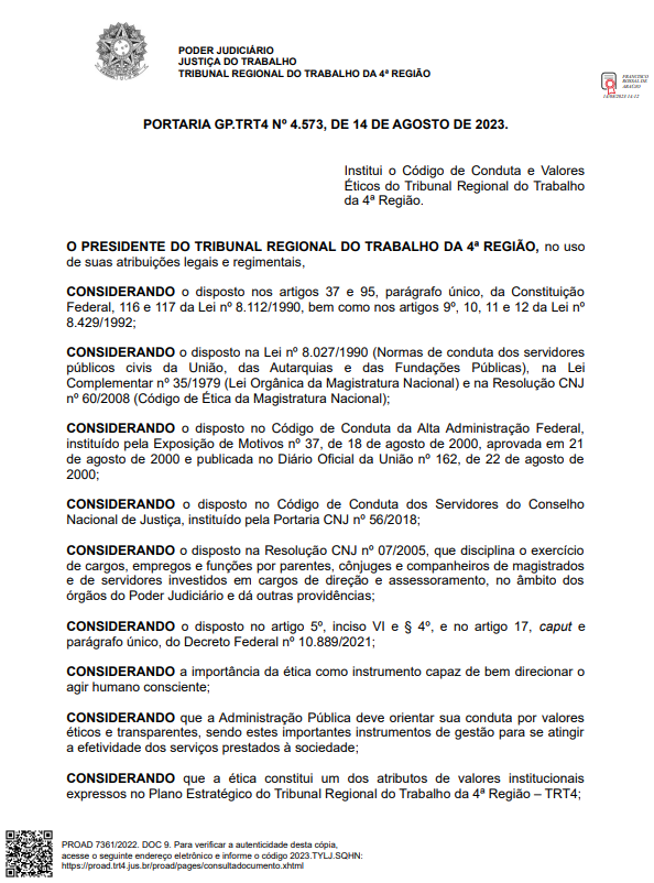 Código de Conduta e Valores Éticos do TRT4 Capa do Código de Ética do TRT4