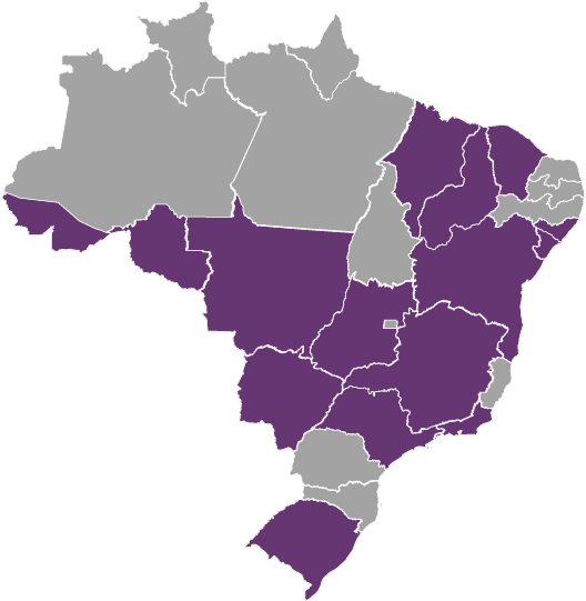 mapa com os seguintes estados marcados na cor vinho, da marca do Galileu: Rio de Janeiro, São Paulo, Rio Grande do Sul, Minas Gerais, Bahia, Acre, Rondônia, Maranhão, Goiás, Sergipe, Piauí, Mato Grosso, Mato Grosso do Sul