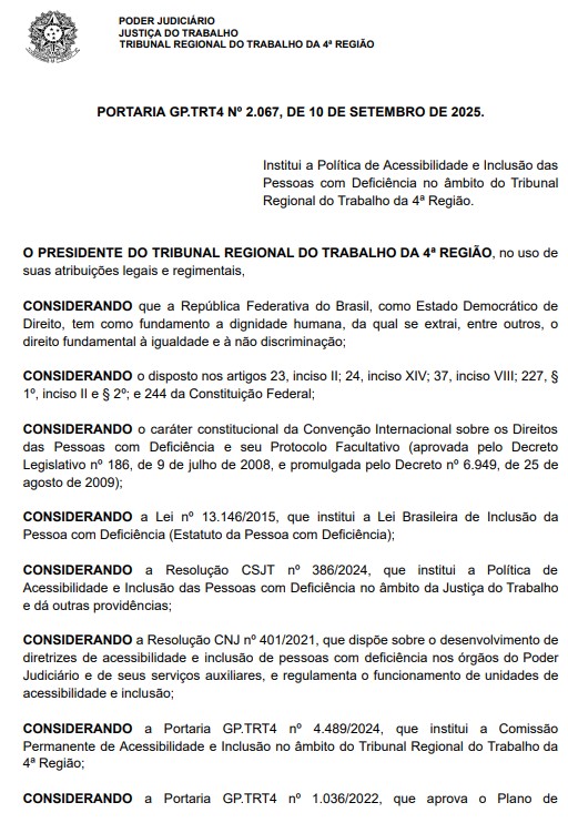 Política de Acessibilidade e Inclusão Imagem com a primeira página da portaria 2067/2025