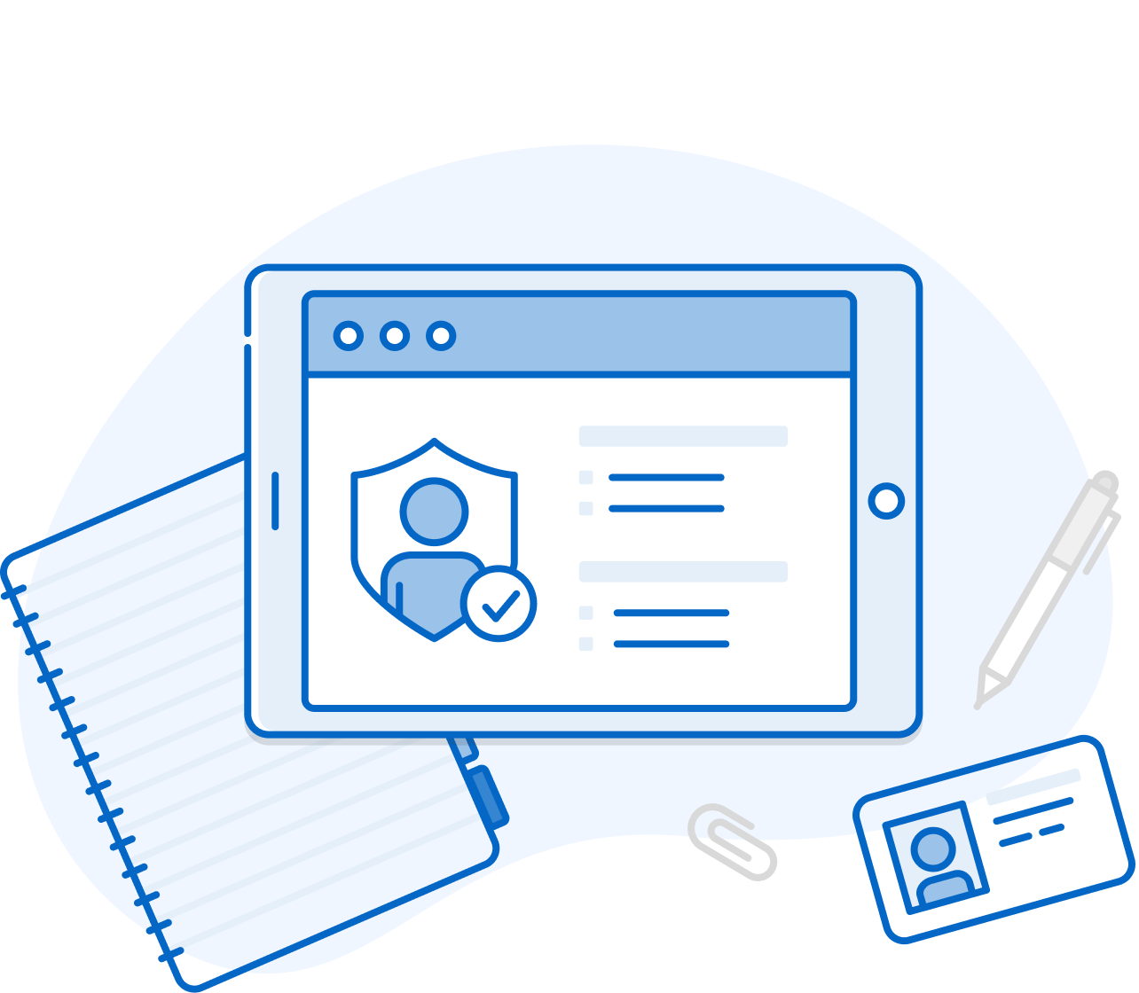 Imagem de IPAD sobre mesa, onde também estão um caderno, uma caneta, um clipe e um documento de identidade.