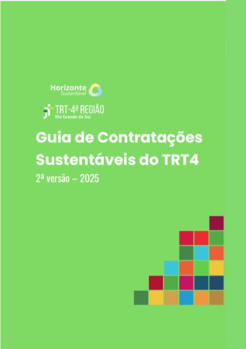 Capa do Guia de Contratações Sustentáveis, com fundo verde claro, texto em branco e quadradinhos coloridos com as cores dos ODS