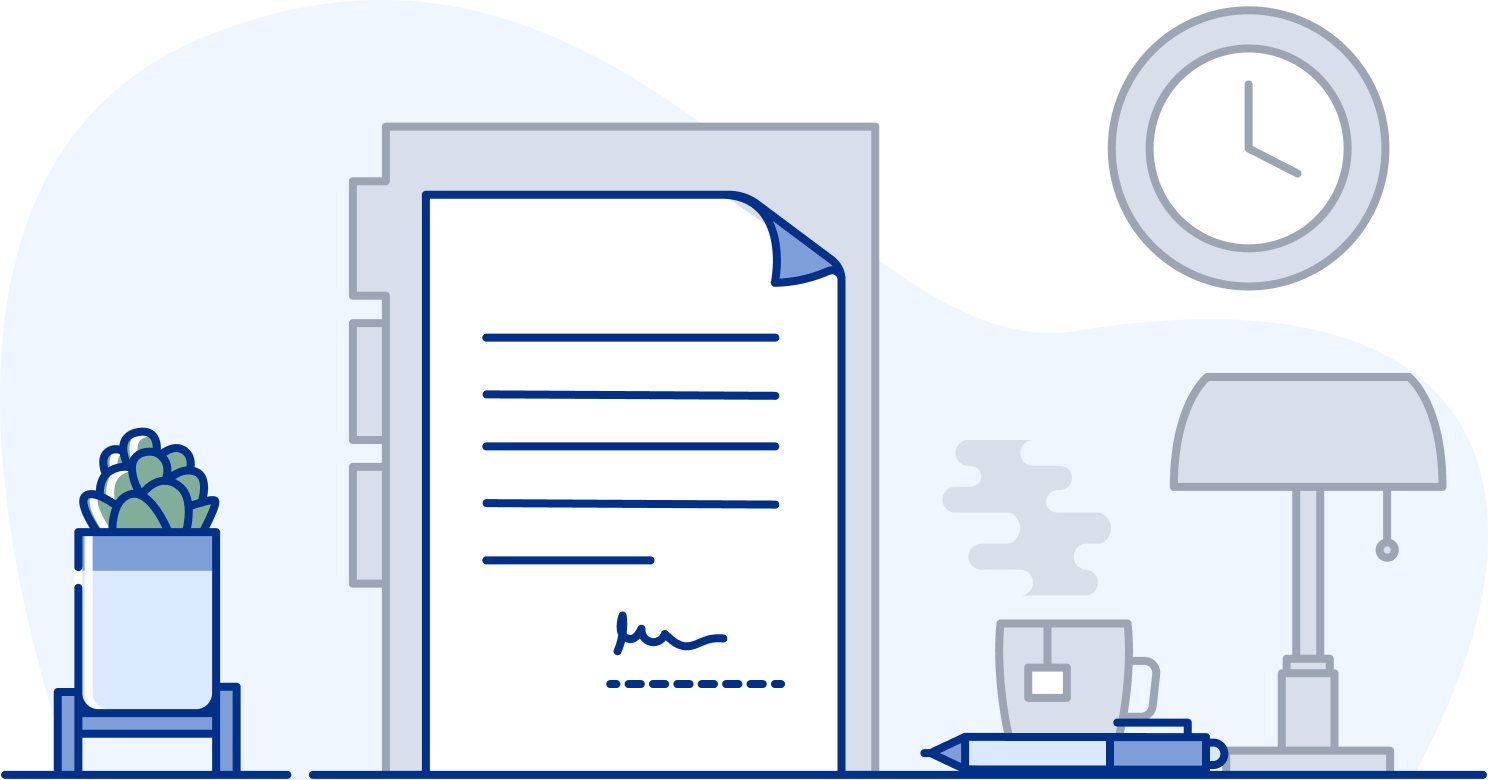 Imagem de uma folha com assinatura no canto inferior direito, sobre uma pasta, e ao lado de uma planta, de uma xícata de chá e de um abajur. Ao fundo, há um relógio.