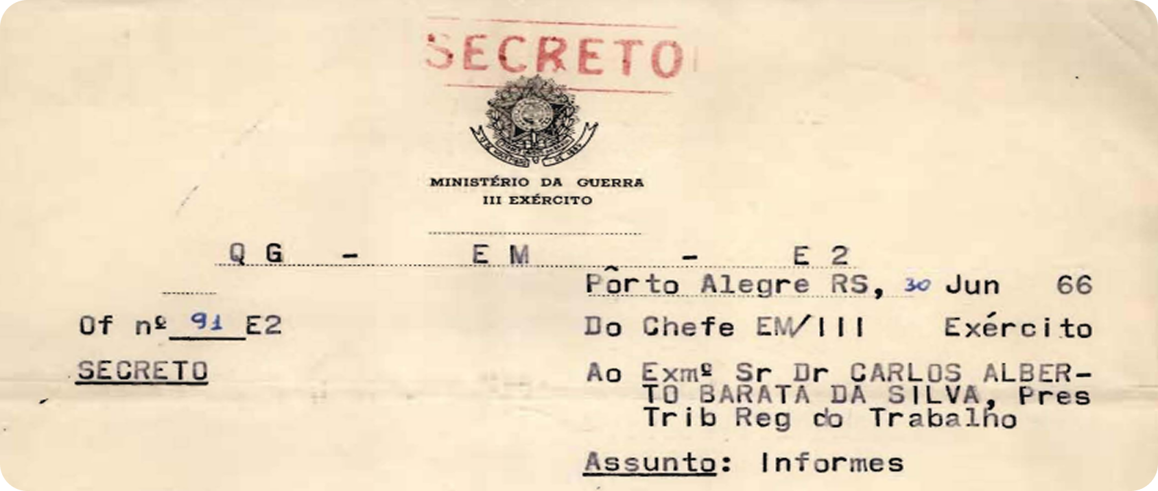 Imagem de um documento envelhecido, expedido pelo Ministério da Guerra, com um carimbo vermelho em que se lê 'secreto'.