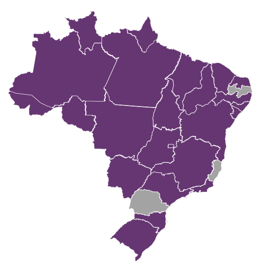 mapa com os seguintes estados marcados na cor vinho, da marca do Galileu: Acre, Alagoas, Amapá, Amazonas, Bahia, Ceará, Goiás, Maranhão, Mato Grosso, Mato Grosso do Sul, Minas Gerais, Pará, Pernambuco, Piauí, Rio de Janeiro, Rio Grande do Norte, Rio Grande do Sul, Rondônia, Roraima, Santa Catarina, São Paulo, Sergipe, Tocantins, Distrito Federal