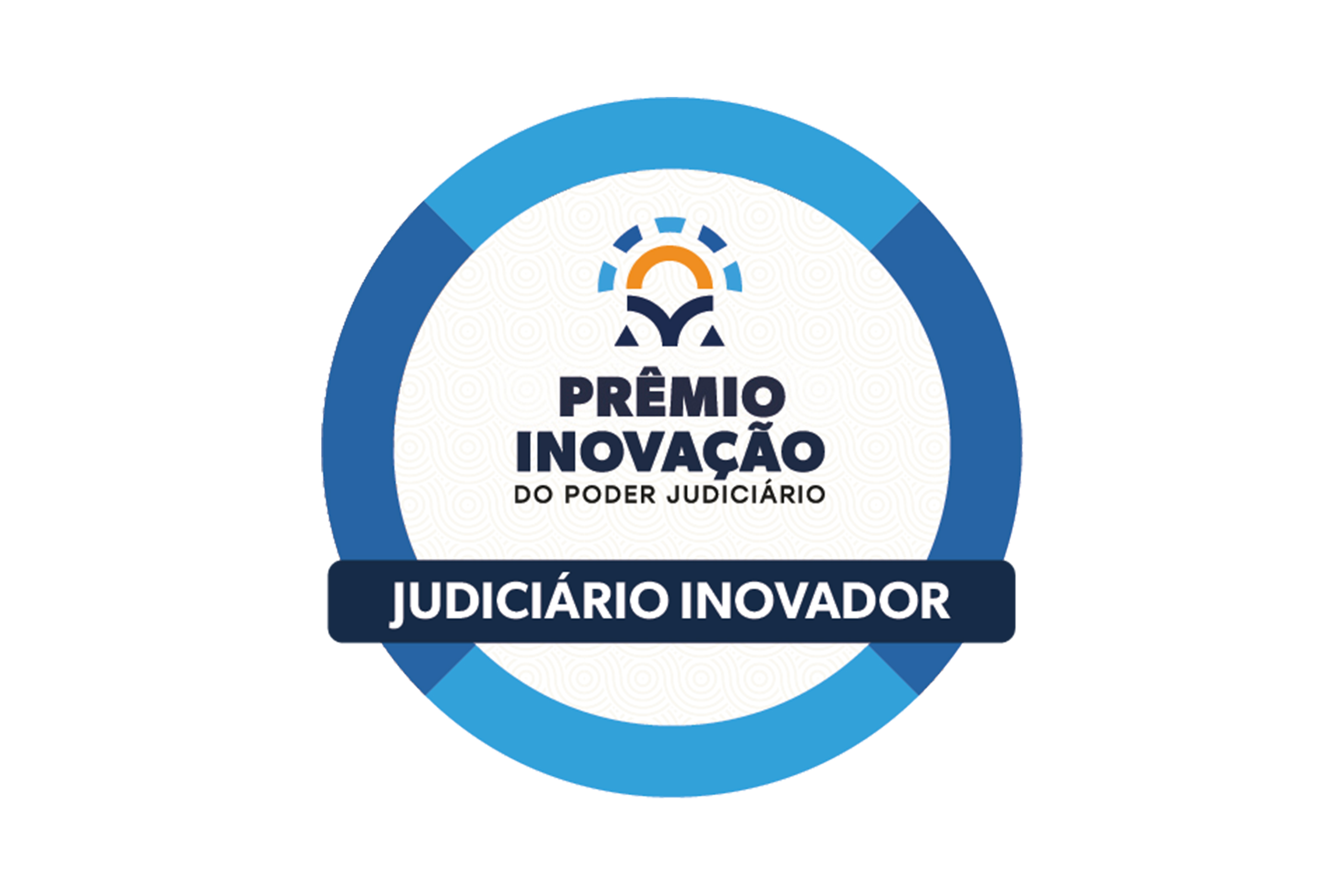selo circular com bordas azuis em fundo branco, com título do evento no meio